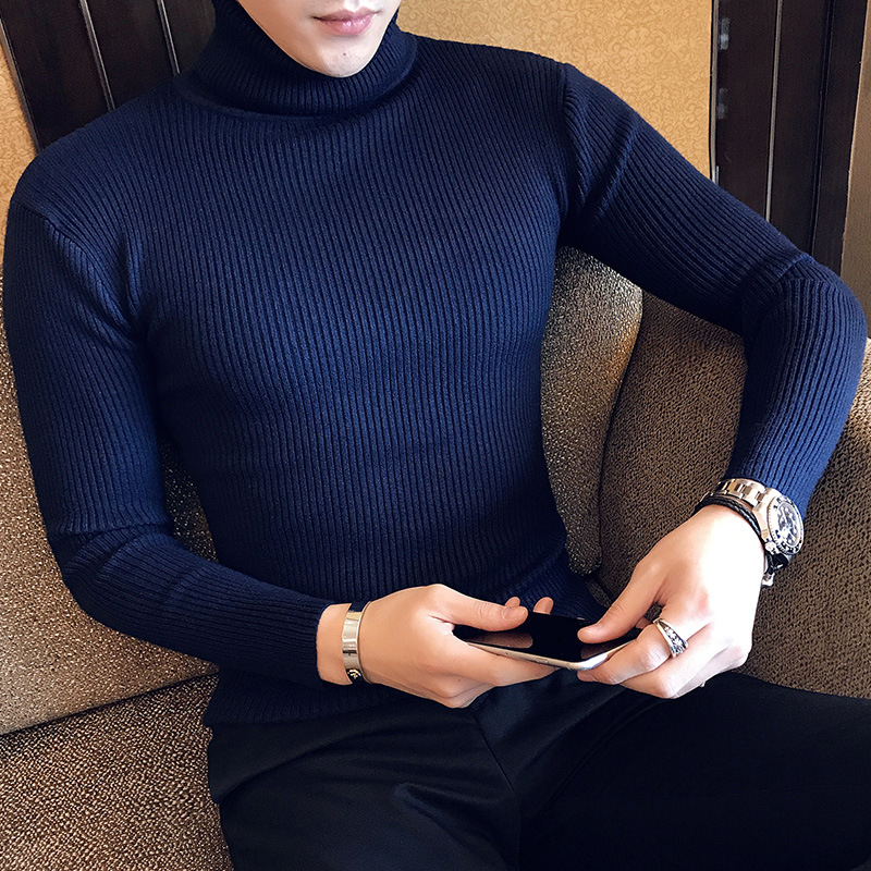 Korean Men's Slim-fit Solid Color High-collar Knitted Sweater Two-lapel Base Shirt Tight Winter Top Trendy 029