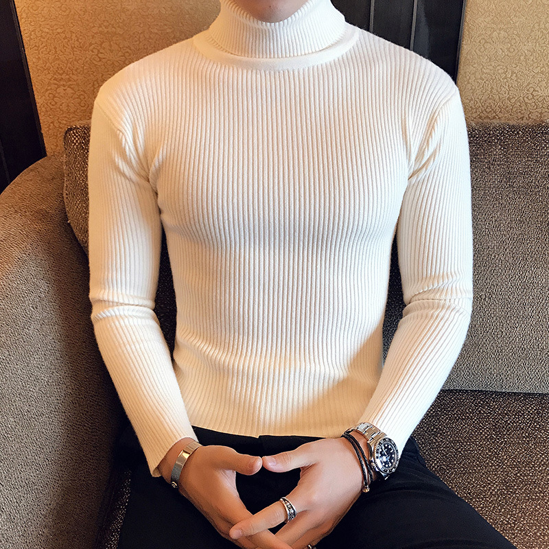 Korean Men's Slim-fit Solid Color High-collar Knitted Sweater Two-lapel Base Shirt Tight Winter Top Trendy 029