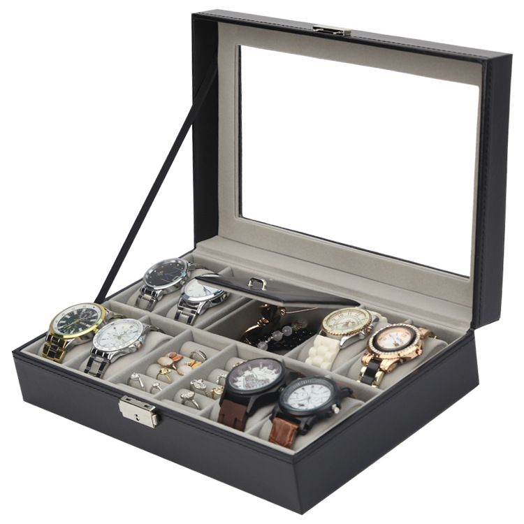 Watch jewelry box e-commerce explosions black PU8 watch 2 grid ring leather watch jewelry packaging box