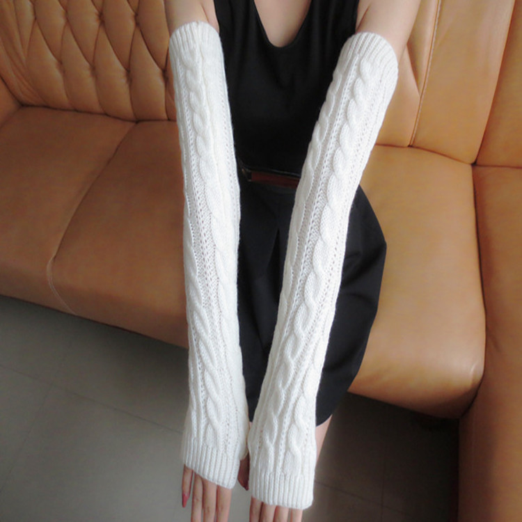 Yifan Autumn and Winter Outdoor Travel Warm Cold-proof Solid Color Twist Long Half-finger Elastic Sleeve Knitted Arm Cover for Women_voghion.com
