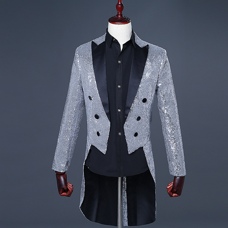 Magician Sequins Tuxedo Men's Stage Performance Dress Coat Club Bar Host Bel Canto Choral Conductor