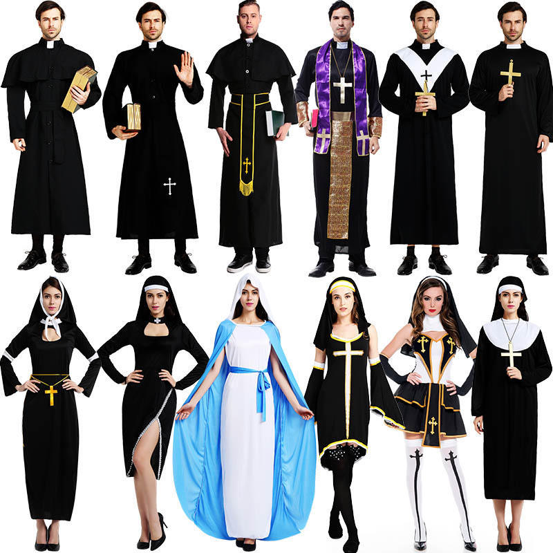 Halloween Costume Adult cosplay Male Missionary Priest Costume Father Mary Nuns Costume Cross