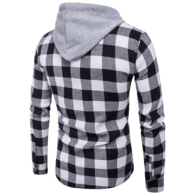 Men's Shirt Features Large Plaid Fashionable Hooded Chest Pocket Decoration Men's Casual Hooded Denim Shirt