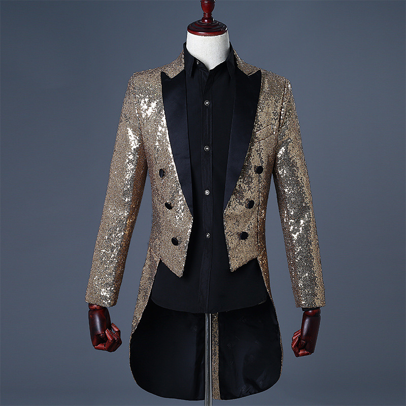 Magician Sequins Tuxedo Men's Stage Performance Dress Coat Club Bar Host Bel Canto Choral Conductor