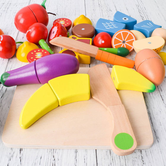 Wooden vegetables and fruits cut and cut children's kitchen cooking toys play house fruit cut and cut toy suit