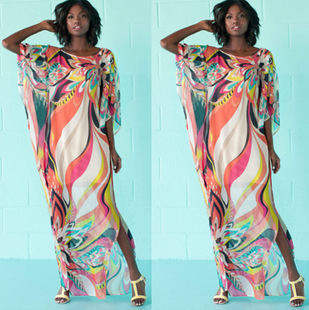 011 Chiffon Beach Long Dress Two-end Flower Robe, Beach Blouse Big Flower Kimono