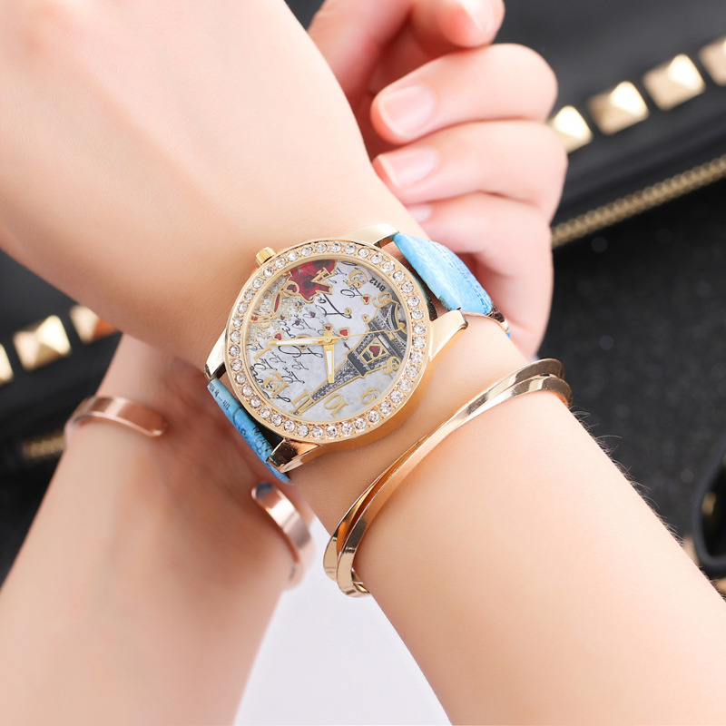 EBay Explosions Ladies Watch Fashion Diamond Tower Printed Belt Diamond Quartz Watch Women Wholesale