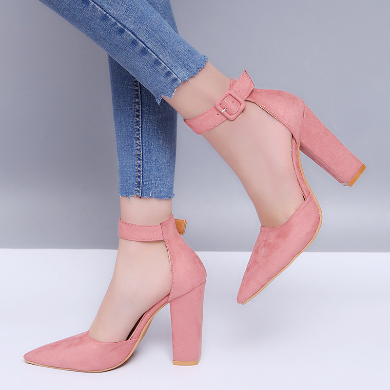 Juti wish foreign trade 2021 summer European and American fashion large size thick heel high heels pointed buckle women's fashion shoes