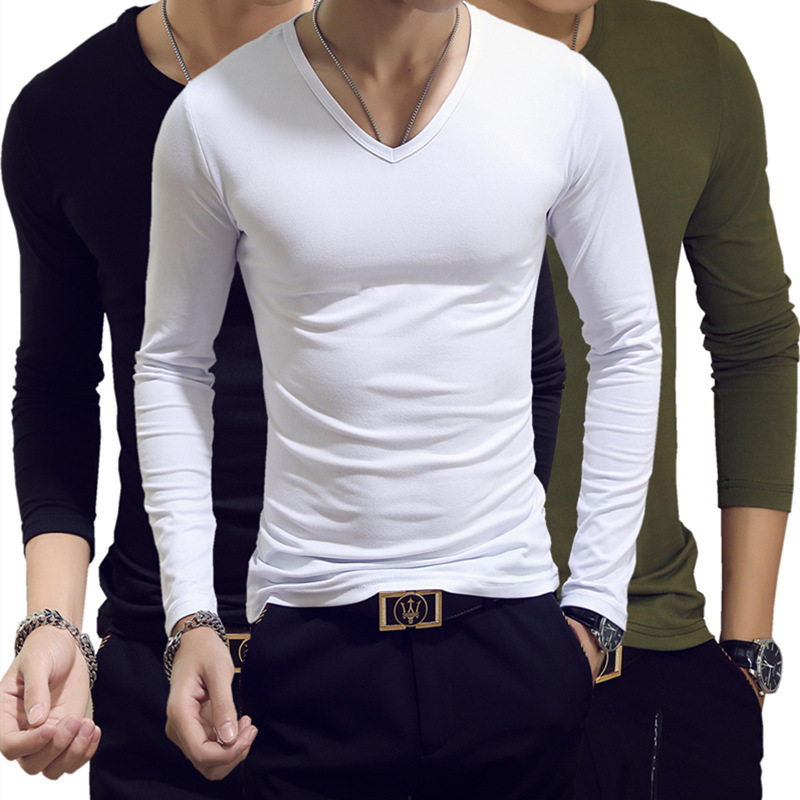 Spring and Autumn new men's T-shirt long sleeve round neck solid color top bottoming shirt Korean slim men's T-shirt wholesale ebay