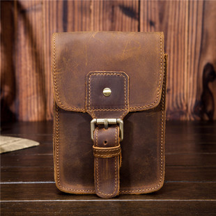 2034 men's leather waist bag Crazy Horse Leather first layer cowhide small bag pants hanging bag mobile phone bag European and American Retro