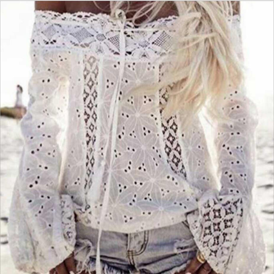 White off-shoulder bell sleeve lace top off-shoulder tassel lace stitching top in stock
