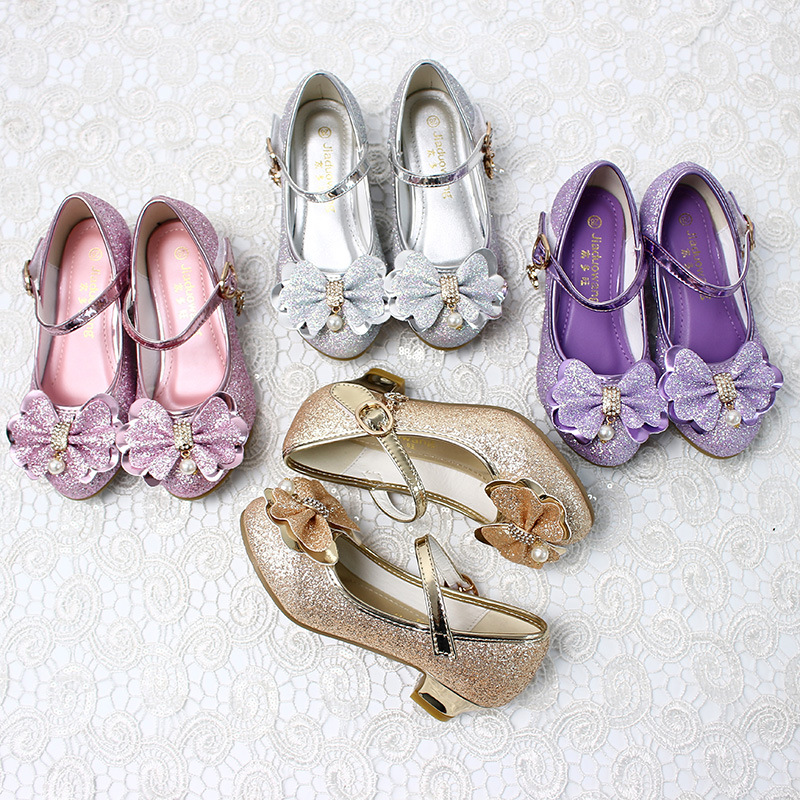 2024 New Princess Children's Shoes Bow Knot Children's Casual Shoes Korean-style Velcro Girls High-heeled Shoes Comfortable
