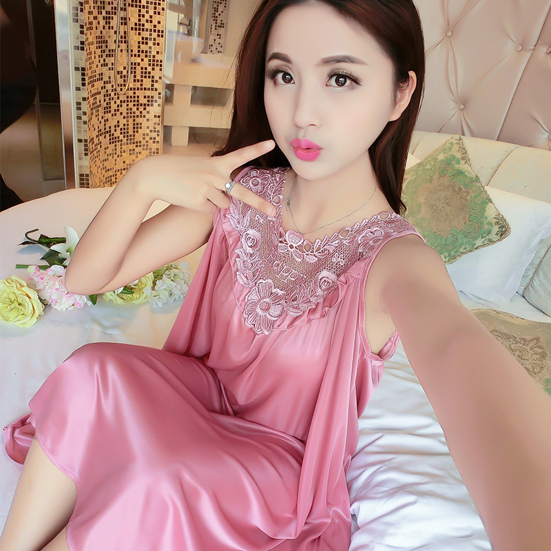 Spring and Summer Silk Nightgown Women's Sexy Nightgown Summer Ice Silk Lace Large Dress Solid Color Home Clothes