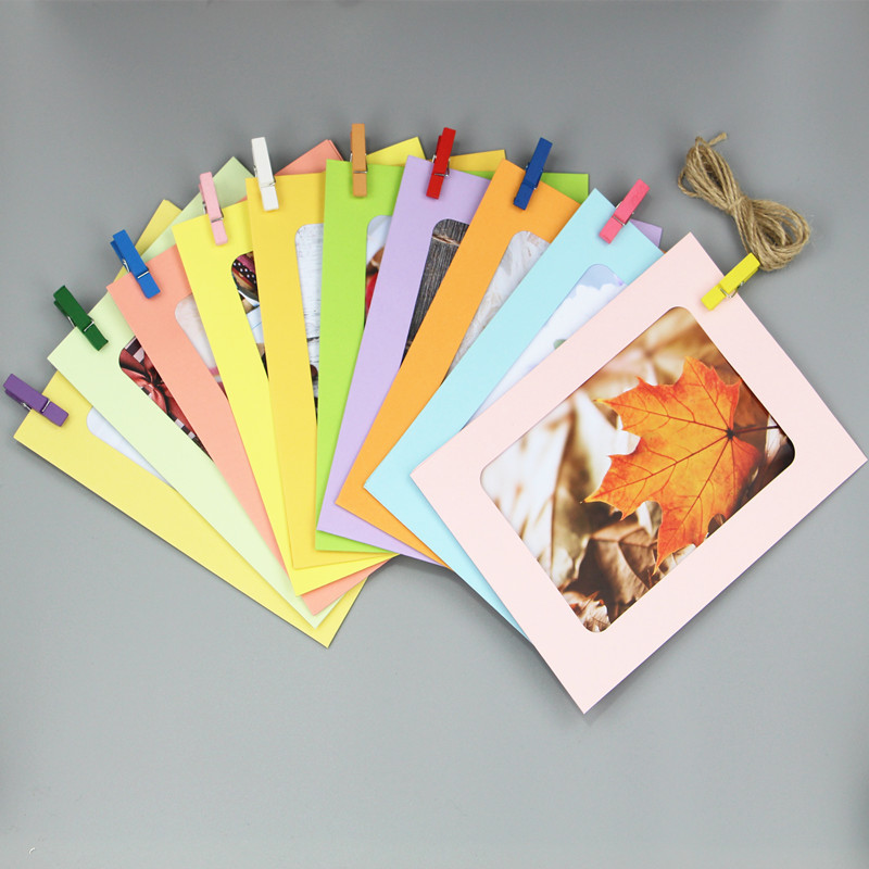 3.5.6.7 inch color card Pearl paper photo frame Photo Wall creative hanging paper photo frame clip hemp rope