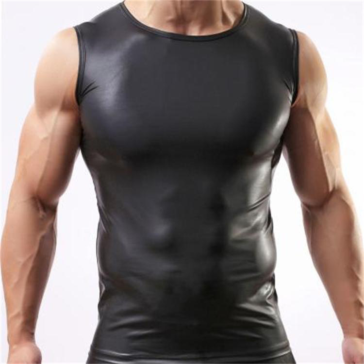 Men's Imitation Leather Vest Comfortable Round Neck Patent Leather Wide Shoulder Sleeveless Black Summer Explosions Inside Cool