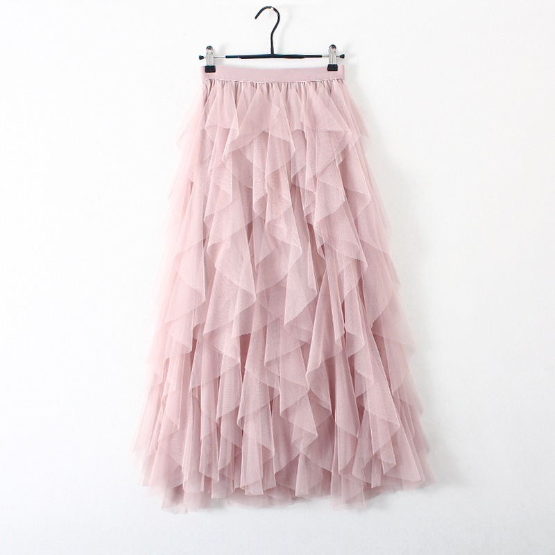 Spring 2023 Korean version of elastic waist fashion all-match slimming mesh stitching irregular long high waist skirt