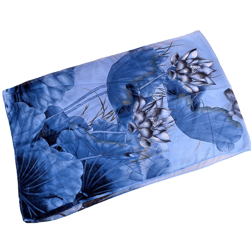 New classic European and American style lotus chiffon printed silk scarf wholesale Yiwu ladies long small scarf