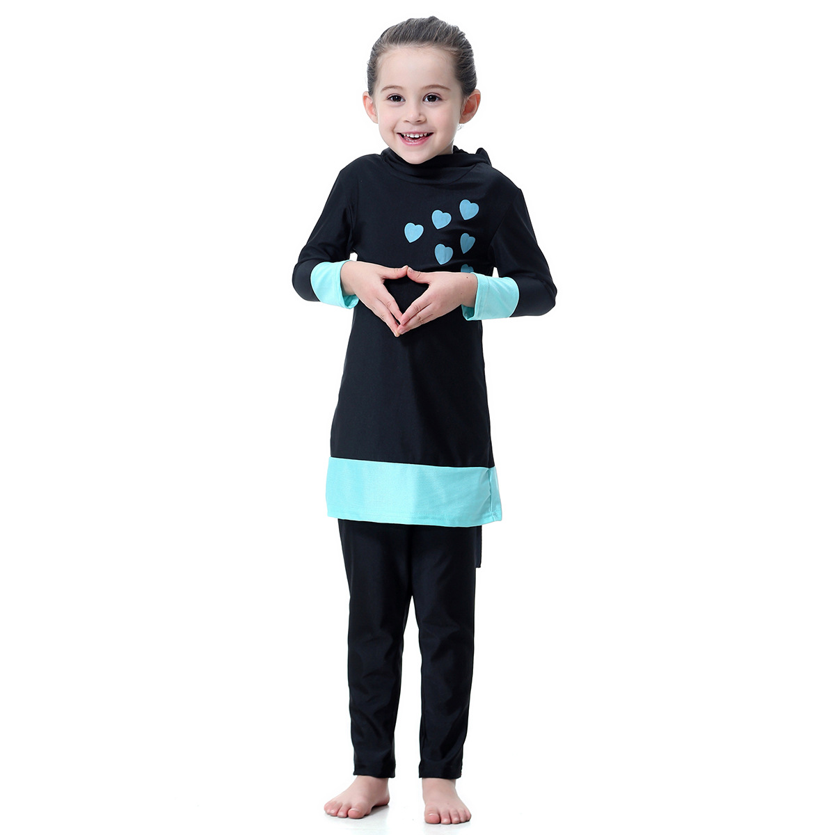 Factory spot Girls Girls long sleeve color contrast love hooded swimsuit suit H2008