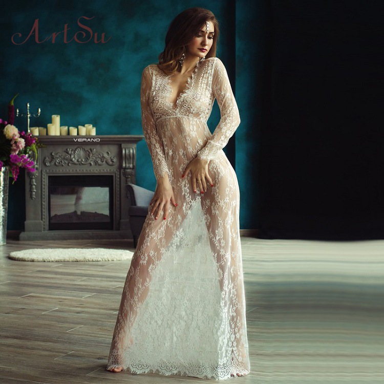 Cross-border Women's White Deep V-neck Long-sleeved Dress See-through Sexy Lace Wedding Dress Dress Tailing Long Dress for Women