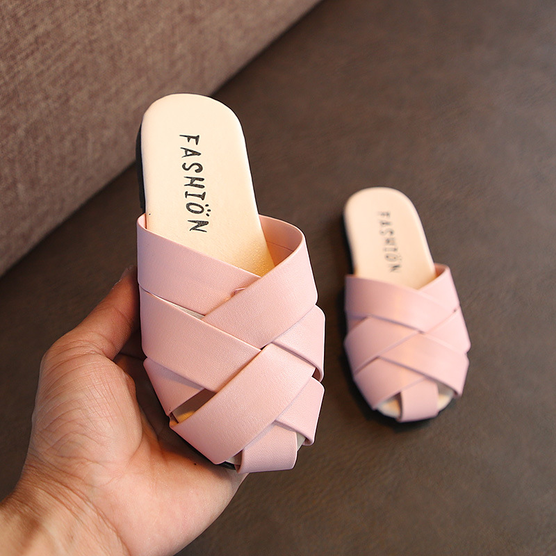 2023 Summer new children's slippers flat non-slip out fashion woven medium and big children girls' closed toe sandals