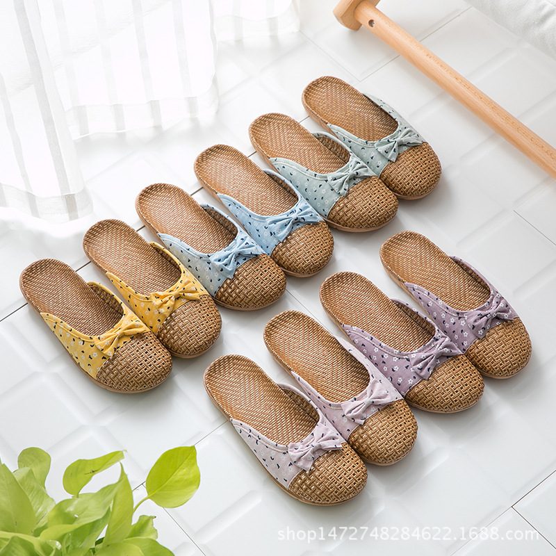 Yacao Slippers Men and Women Home Indoor Baotou Bow Korean Style Home Linen Slippers Wooden Floor Slippers Summer