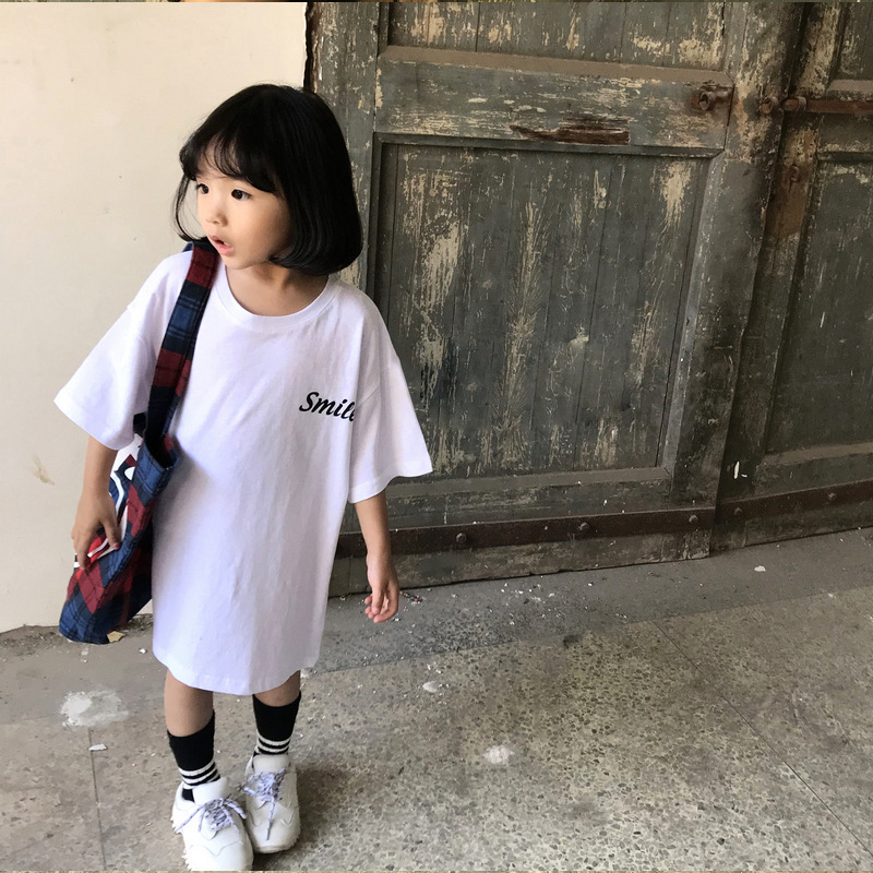 韩国童装女童长款T恤 2024夏季新品欧美风笑脸宽松短袖卫衣裙潮款