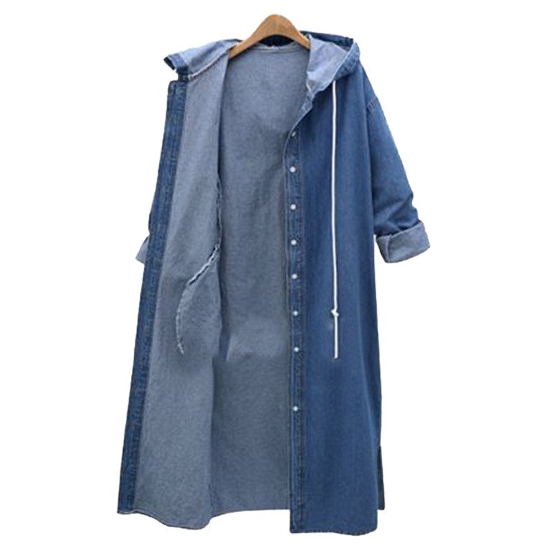 Cross-border supply European station autumn and winter denim coat hooded long sleeve denim shirt single-breasted long denim trench coat women