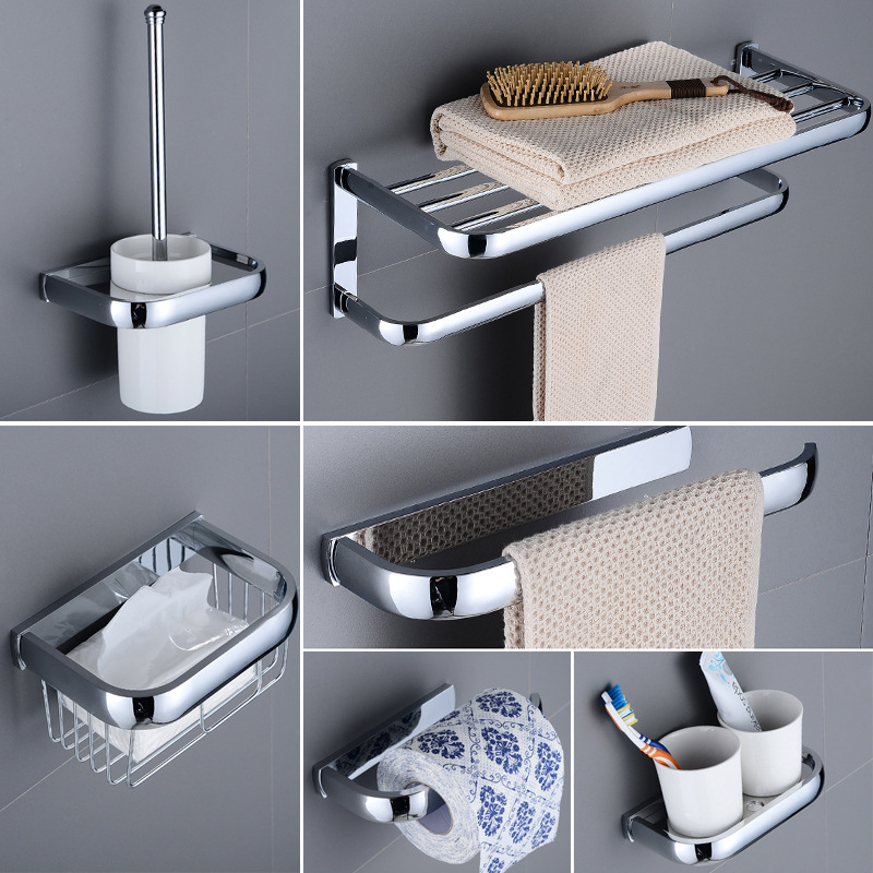 Bathroom silver Chrome Plated All Copper Bath Towel Rack Towel Rack suit Storage Rack Toilet Bathroom Hardware Pendant