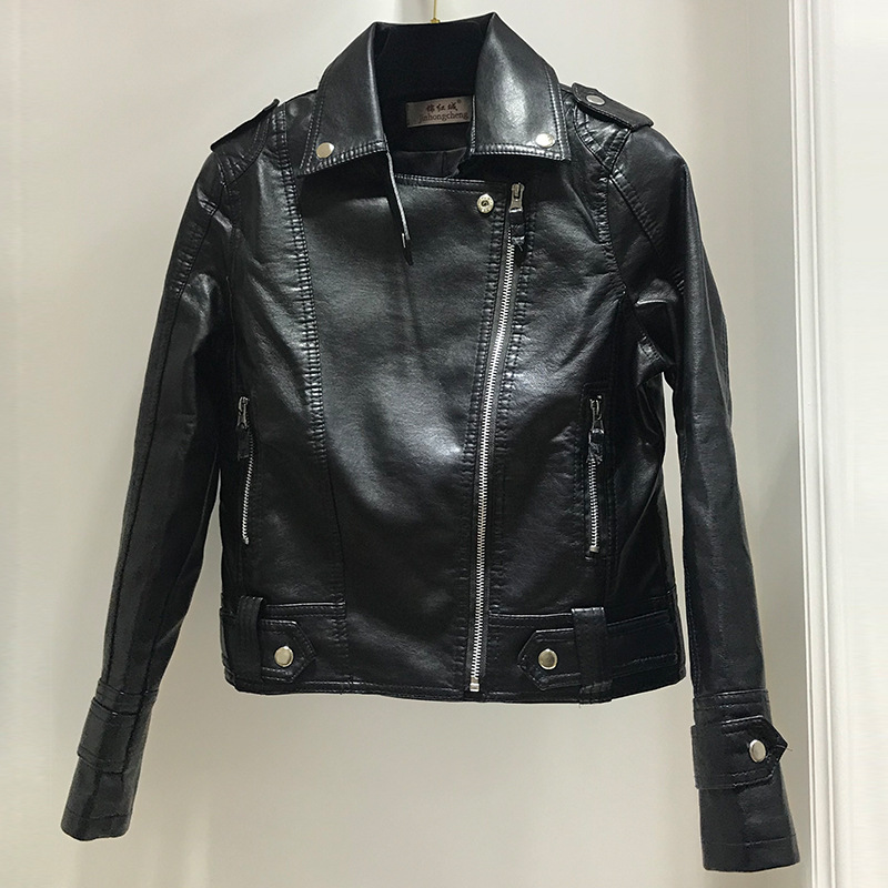  Autumn New Pu Motorcycle Leather Jacket Women's Short Korean Style Slim Large Size Short Jacket Small Leather Jacket Trendy