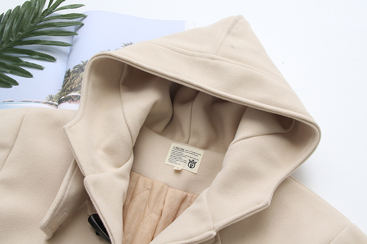 Cappotto di lana con bottoni in corno da donna, autunno e inverno, di media lunghezza, con cappuccio, per studenti, piccolo cappotto S14281_voghion.com