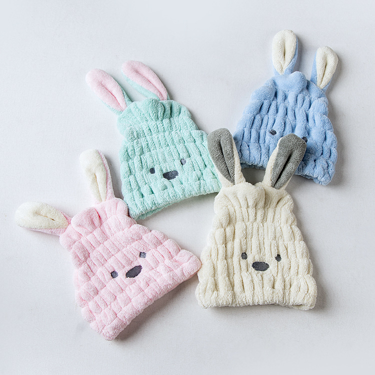 Children's hair cap wholesale coral fleece cartoon rabbit ear absorbent cap female adult shower cap factory wholesale