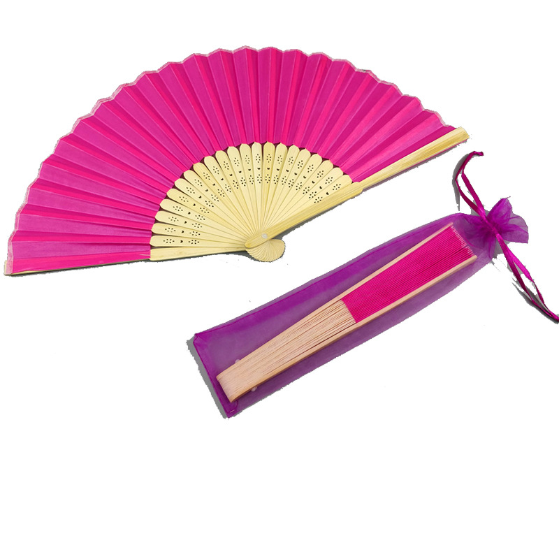 21cm Fan + Organza Bag Multicolor Solid Color Wedding Cloth Fan Bamboo Bone Silk Cloth Surface Wedding Gift Elegant Fan