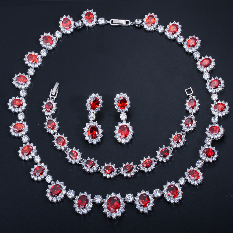 European and American Brides' Wedding Gown, Party, Jewelry Set with Micro-Set AAA Cubic Zirconia Earrings, Necklace, and Bracelet Set of Three