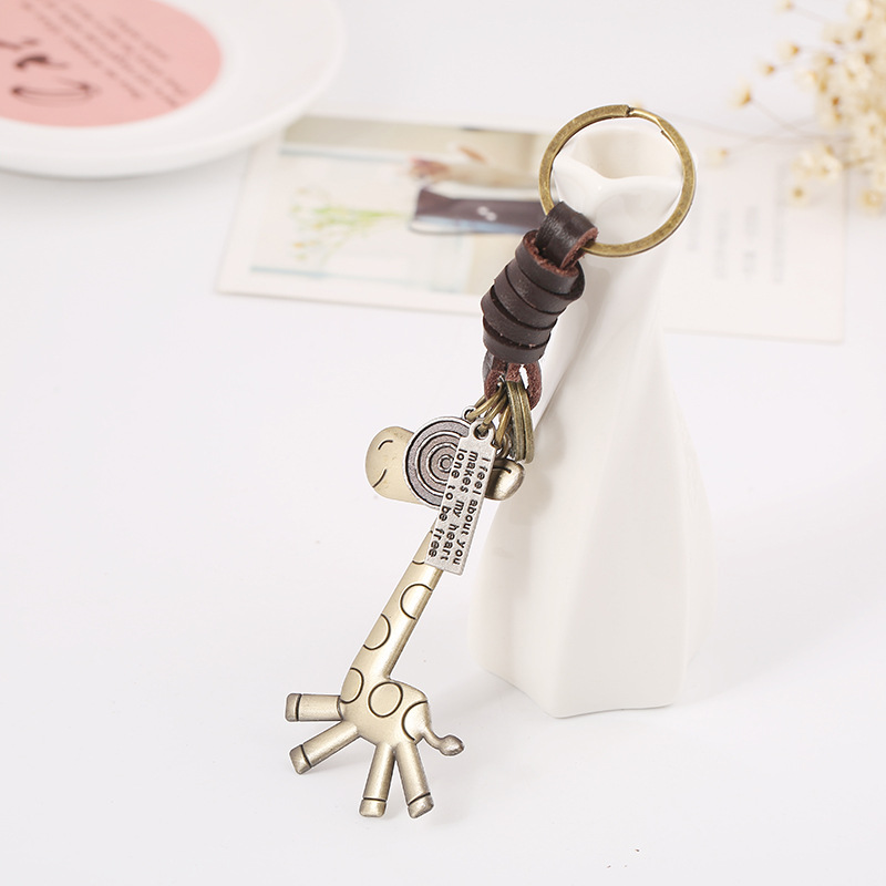 Punk factory direct vintage cowhide keychain bronze cute giraffe genuine leather keychain creative small gift