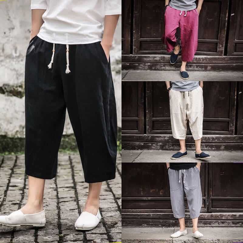 Loose Large Size Cotton and Linen Capri Pants K883 Trendy Men's Big Pants Fat Shorts Casual Wide Leg Linen Pants Summer