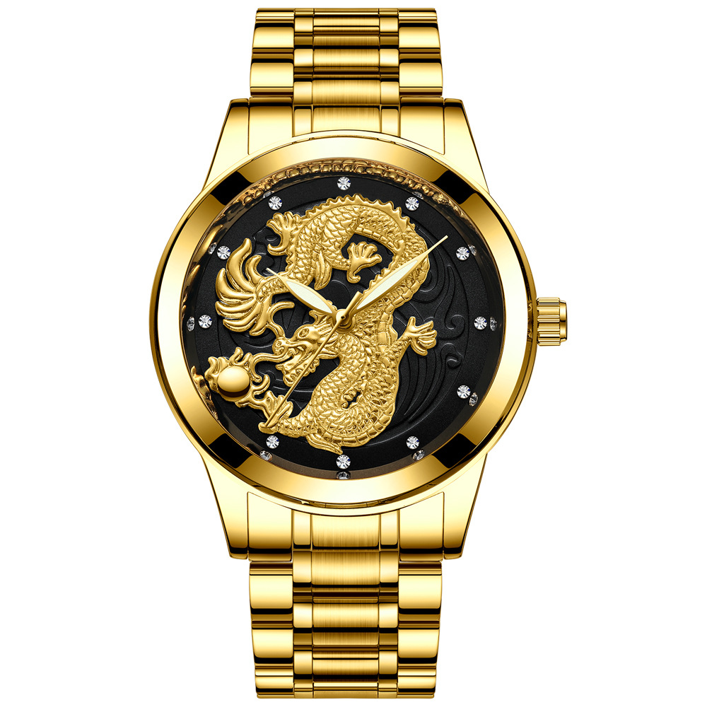 Fenzun Brand Watch Men's Non-mechanical Watch Waterproof Luminous Gold Quartz Ultra-thin Steel Strap Dragon and Phoenix Couple Watch