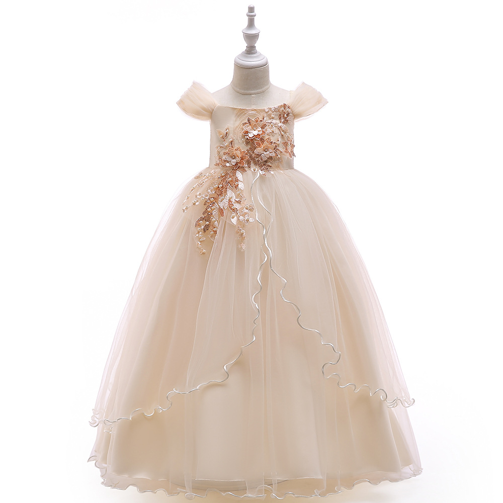 2024 European and American children's long dress off-shoulder long dress flower girl's wedding dress fluffy skirt host piano costume