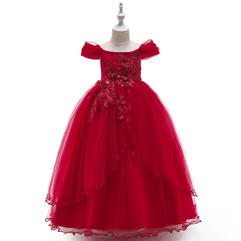 2024 European and American children's long dress off-shoulder long dress flower girl's wedding dress fluffy skirt host piano costume