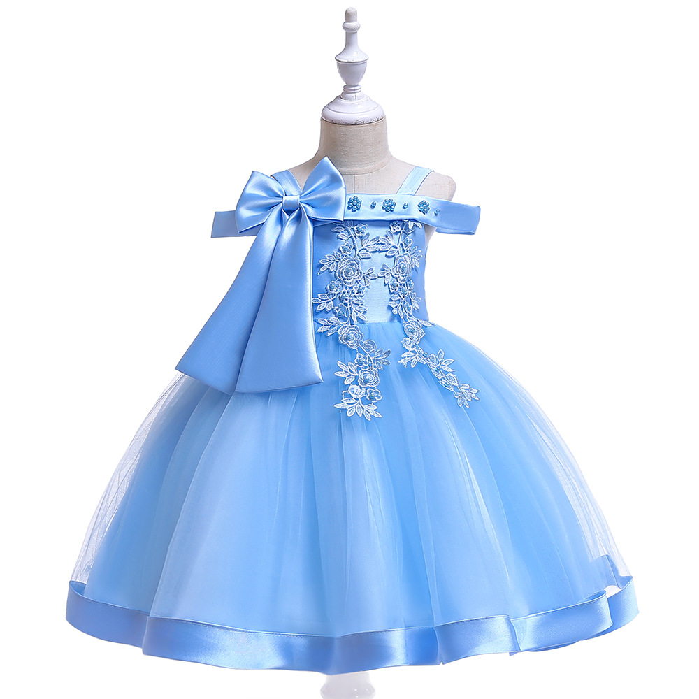 一字肩兒童晚禮服女童生日公主裙小主持人走秀演出服蝴蝶結連衣裙