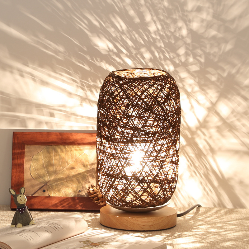 Bedroom bedside personalized decoration creative dimmable LED night light wooden hemp rope rattan ball table lamp small hemp ball table lamp