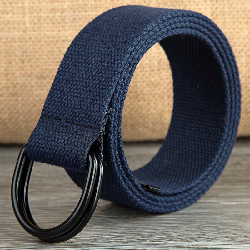 Double-loop Canvas Belt Men's and Women's Black D-shaped Buckle Cloth Belt Half-ring Long Canvas Belt_voghion.com
