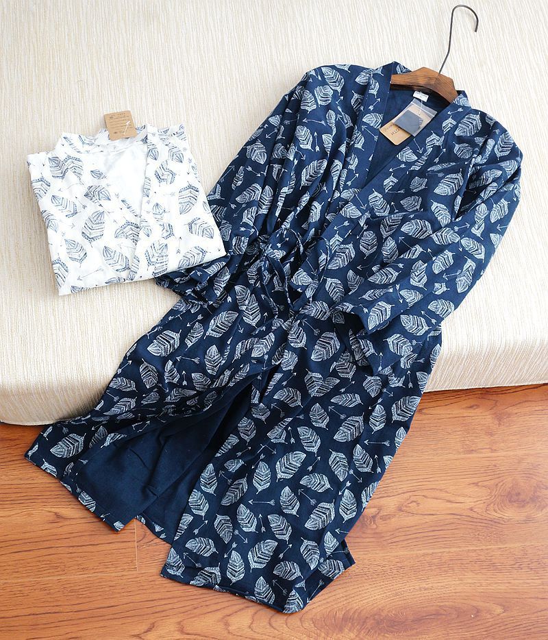 Japanese style kimono nightgown men's pajamas cotton and linen Spring and Autumn style plus size loose lace-up long thin bathrobe robe