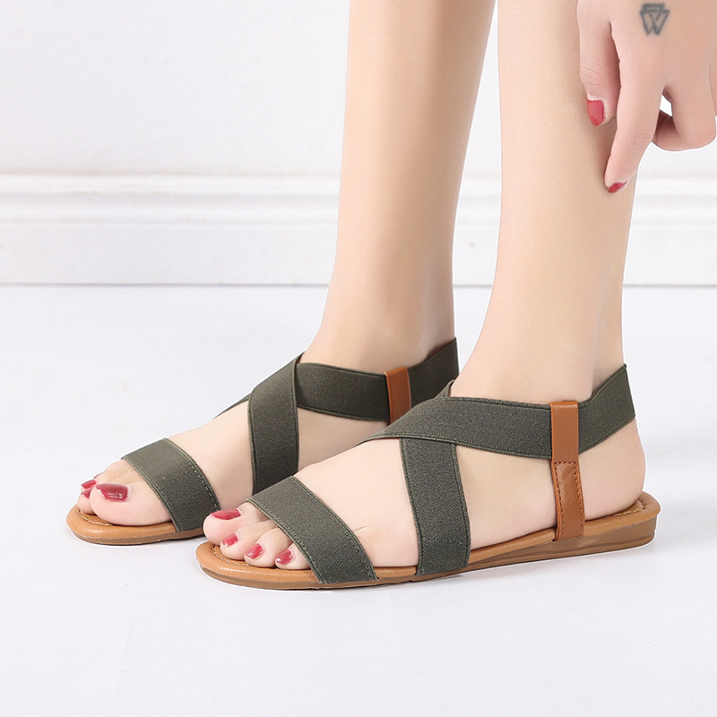 Cross-border Amazon wish European and American flat peep-toe sandals women's elastic band Roman sandals 41