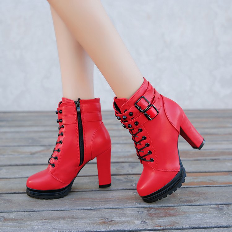 2023 autumn and winter New Martin boots Women's European and American plus velvet high-heeled short boots thick heel round head lace rivet leather boots wholesale