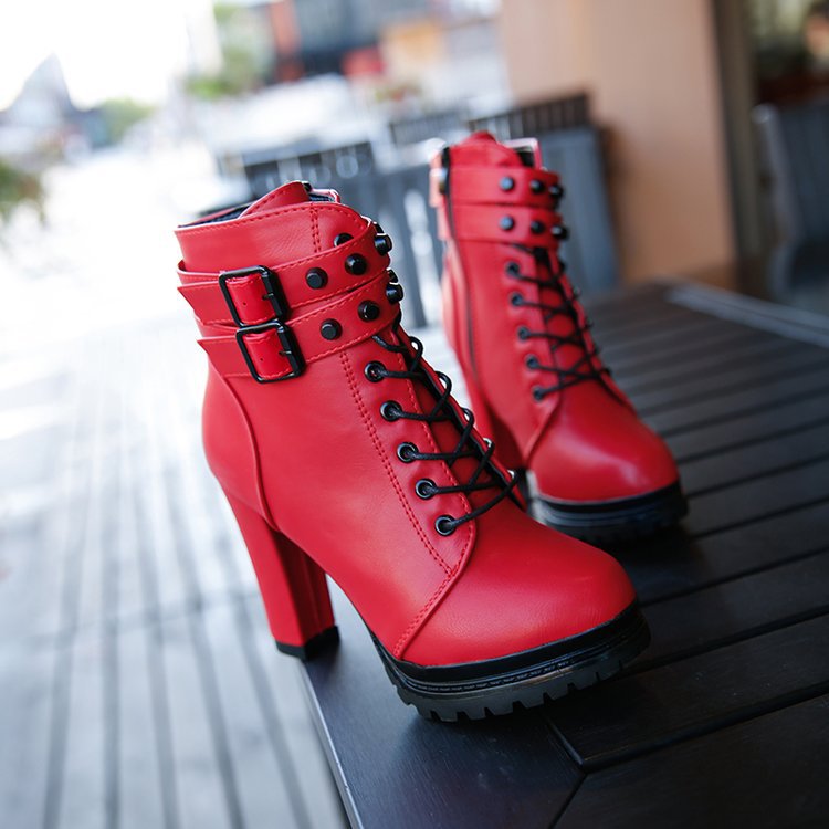 2023 autumn and winter New Martin boots Women's European and American plus velvet high-heeled short boots thick heel round head lace rivet leather boots wholesale