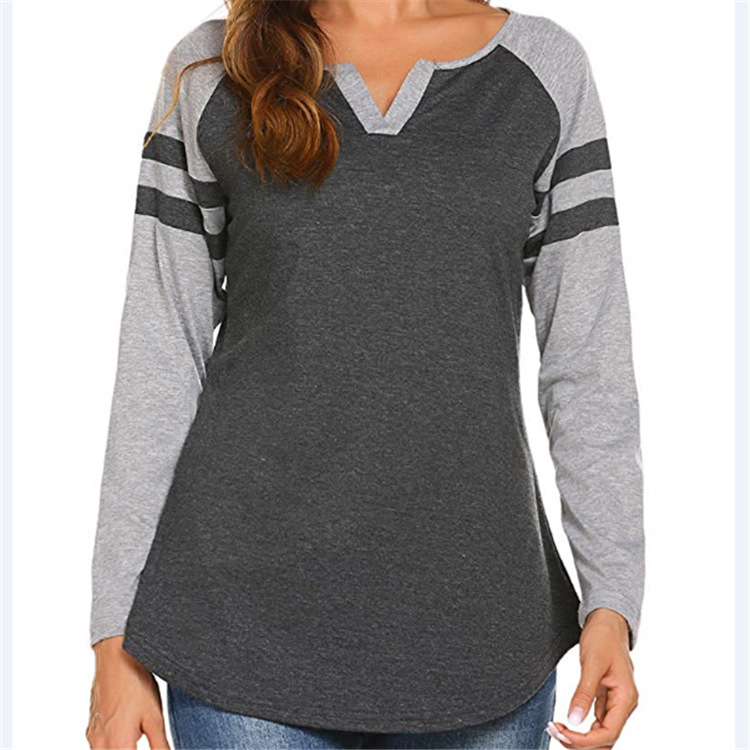 Amazon ebay explosion 2022 spring and summer new women's striped stitching long sleeve T-shirt V collar color matching top base