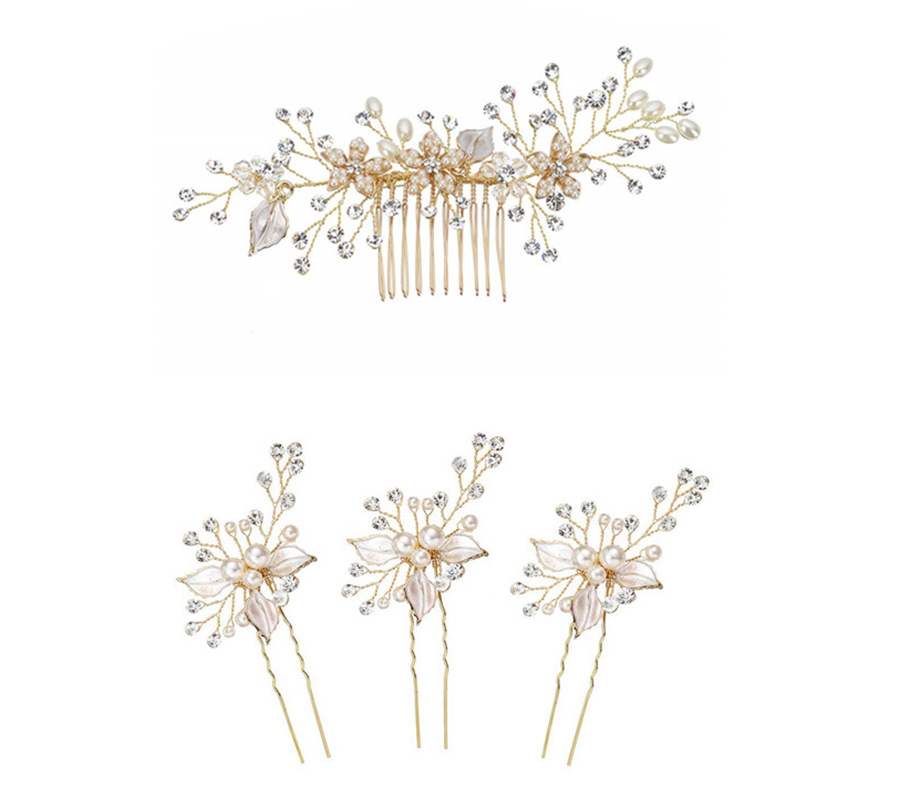 Station Cross-border Alloy White Leaf Handmade Pearl Diamond Hairpin Hairpin Bridal Headwear