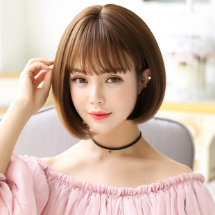 Fashion bobo bobo Japanese Korean style short straight hair ladies neat bangs natural fluffy wig full head cover high temperature Silk
