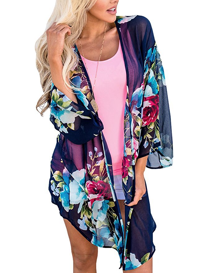 ins Flower Amazon European and American AliExpress Women's New Kimono Printed Cardigan Chiffon Sunscreen Blouse
