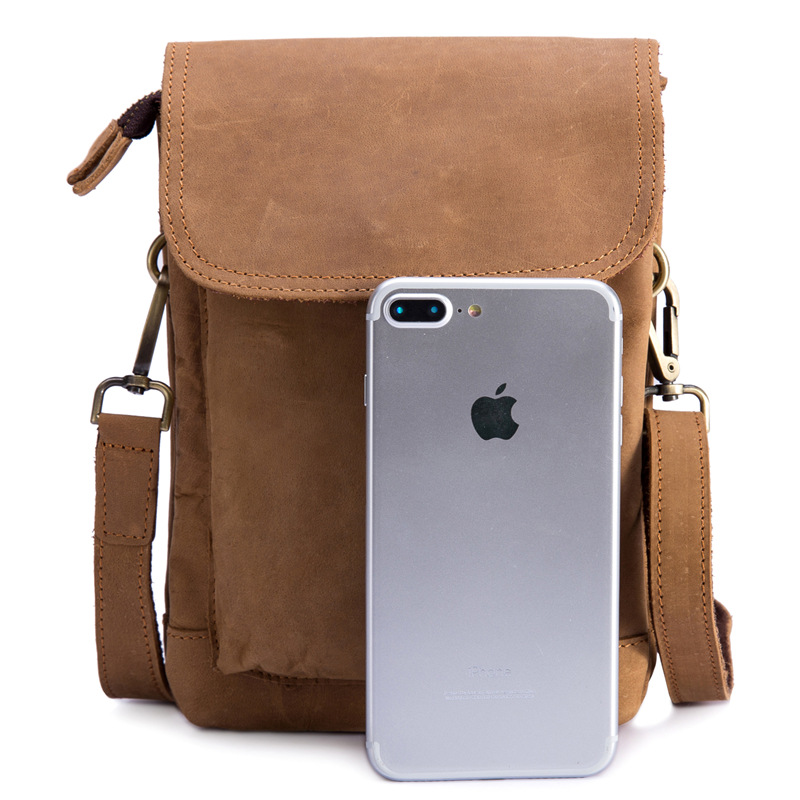 2019 New Men's Crazy Horse Genuine Leather Waist Bag Oil Wax Leather Shoulder Bag Pants Hanging Bag Mobile Phone Bag Crossbody Bag Vintage